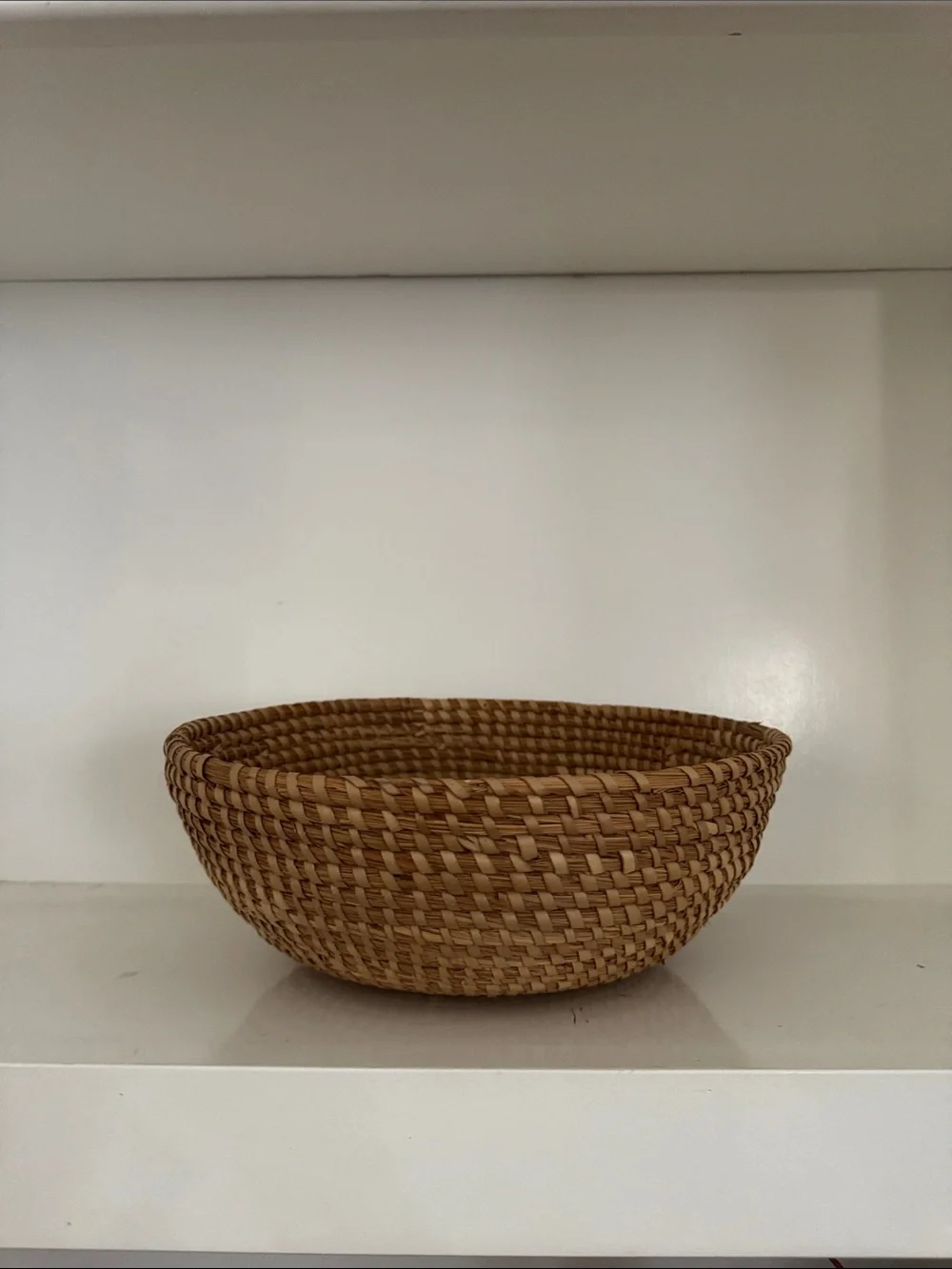 Vintage Handwoven Straw Basket Coiled Shallow Bowl Boho Decor